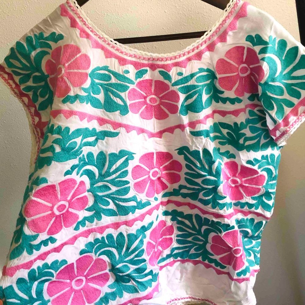 J. Marie colorful pink + green Womens Top M